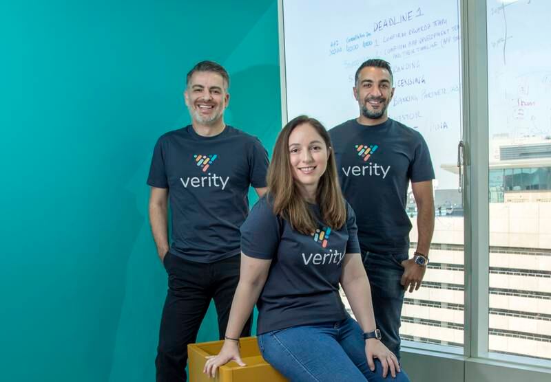 Omar Sharif, left, Dina Shoman and Kamal Al-Samarrai co-founded Verity to help children develop financial literacy skills.  Ruel Pableo / The National