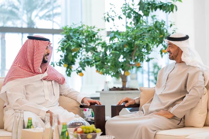 President Sheikh Mohamed meets Saudi Arabia’s Deputy Minister of Defence Prince Khalid bin Salman in Abu Dhabi. All photos: UAE Presidential Court
