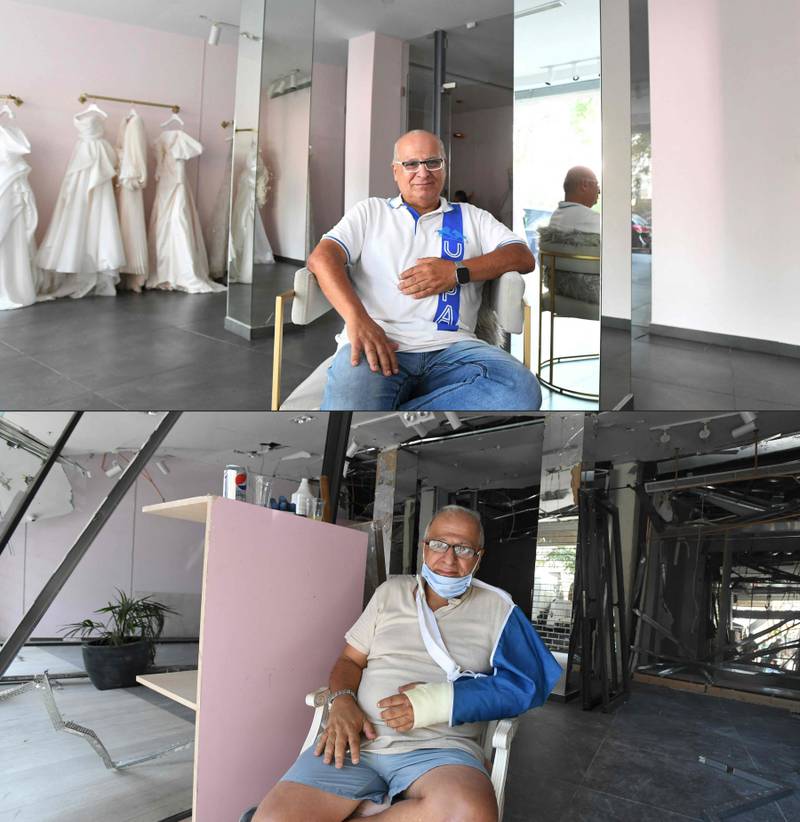 Top: Pierre Mrad inside his renovated shop in Beirut's Gemayzeh neighbourhood on August 1, 2022. Below: a photo taken on August 12, 2020 shows him injured inside his destroyed shop after the port explosion.