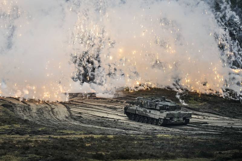 A German Leopard 2 tank in action during a visit by the country's defence minister to Bundeswehr tank battalion 203 at the Field Marshal Rommel Barracks in Augustdorf last week. AP