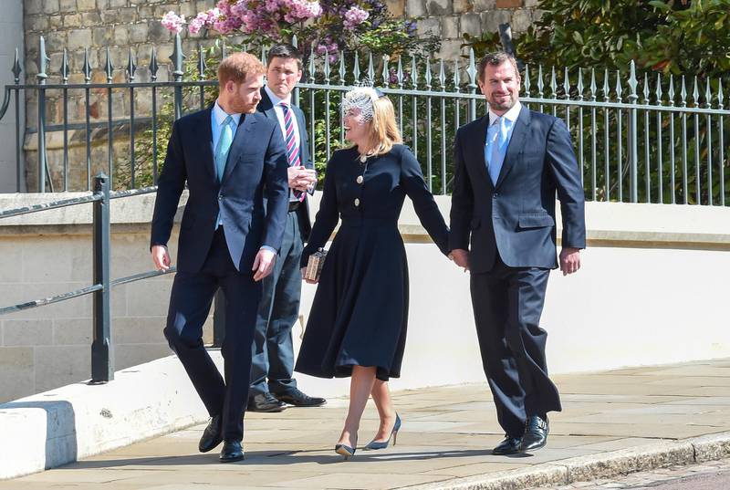 WINDSOR, ENGLAND - APRIL 21:  (L-R) Prince Harry, Duke of Sussex, Autumn Phillips and Peter Phillips attend the Easter Sunday service at St George's Chapel on April 21, 2019 in Windsor, England. (Photo by Eamonn M. McCormack/Getty Images)