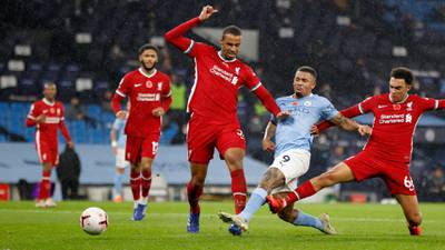 Gabriel Jesus scores Manchester City's goal in their 1-1 Premier League draw against Liverpool on Sunday, November 8. AP