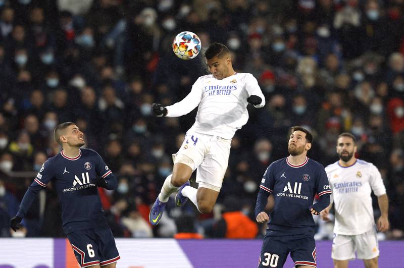 Real Madrid's Casemiro heads clear. Reuters