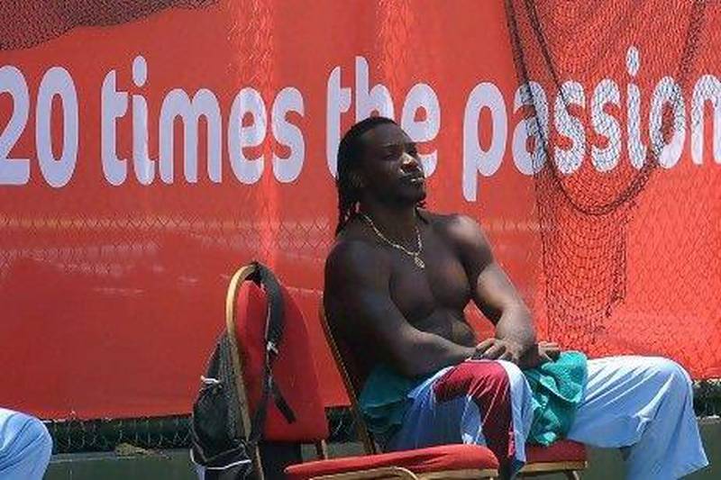 Chris Gayle cools off after a nets practice session in Colombo today. The opening batsman, considered one of Twenty20's most destructive players, is prepared and quietly confident about the West Indies' chances of winning the tournament. Lakruwan Wanniarachchi / AFP