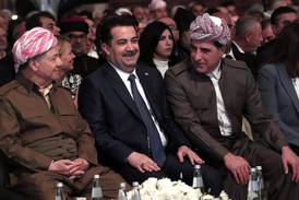 From left, Masoud Barzani, leader of the Kurdistan Democratic Party, speaks to Iraqi Prime Minister Mohammed Shia Al Sudani and President of Iraqi Kurdistan Nechirvan Barzani. AFP