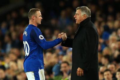 LIVERPOOL, ENGLAND - DECEMBER 02: Wayne Rooney of Everton and Sam Allardyce, Manager of Everton shake hands during the Premier League match between Everton and Huddersfield Town at Goodison Park on December 2, 2017 in Liverpool, England.  (Photo by Jan Kruger/Getty Images)