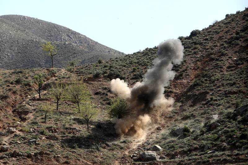 A controlled landmine explosion is seen in Kabul province, Afghanistan. Reuters