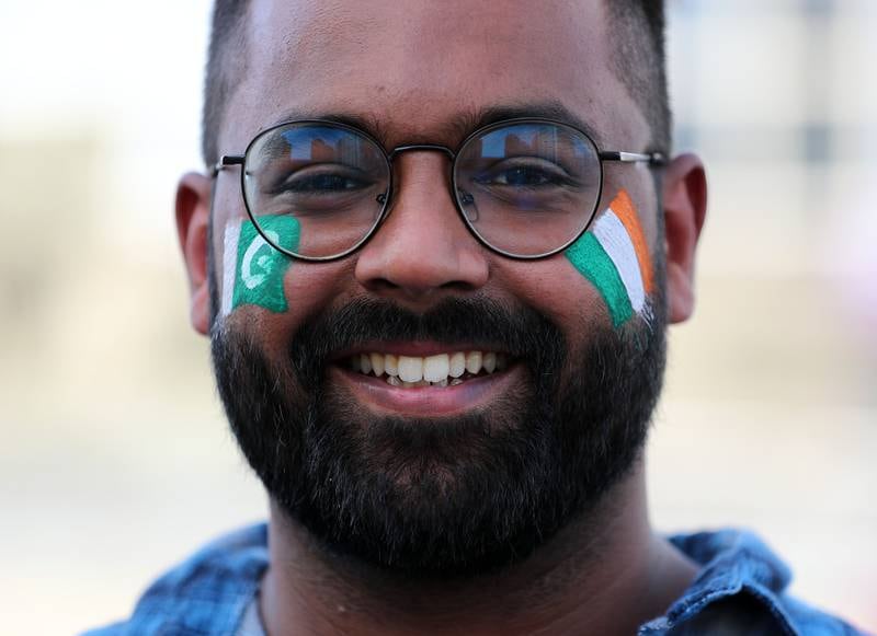 An India fan before the start of the Asia Cup 2022 game between India and Pakistan at the Dubai International Cricket Stadium.