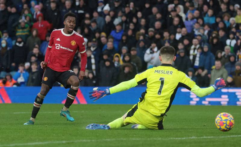 Manchester United's Anthony Elanga scores the fourth goal. Reuters