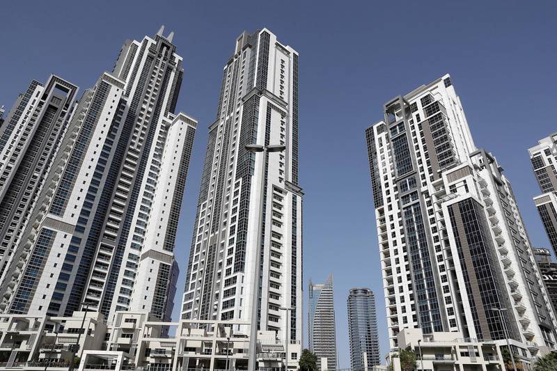 DUBAI , UNITED ARAB EMIRATES , January 18 – 2019 :- View of the residential towers at the Bay Avenue in Business Bay in Dubai. (Pawan Singh / The National ) For News/Online/Instagram. Story by Patrick