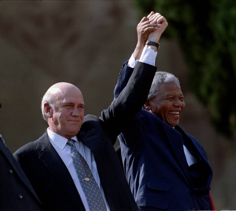 1993. South African president Nelson Mandela and second deputy president F.W. de Klerk were jointly awarded 'for their work for the peaceful termination of the apartheid regime, and for laying the foundations for a new democratic South Africa'. Reuters