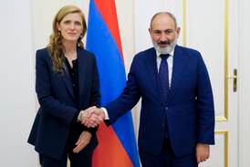 USAID chief Samantha Power and Armenian Prime Minister Nikol Pashinyan shake hands during their meeting in Yerevan. AP