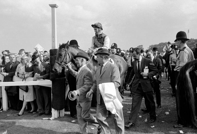 Lester Piggott riding Ribocco after wining the St. Leger in 1967. AP