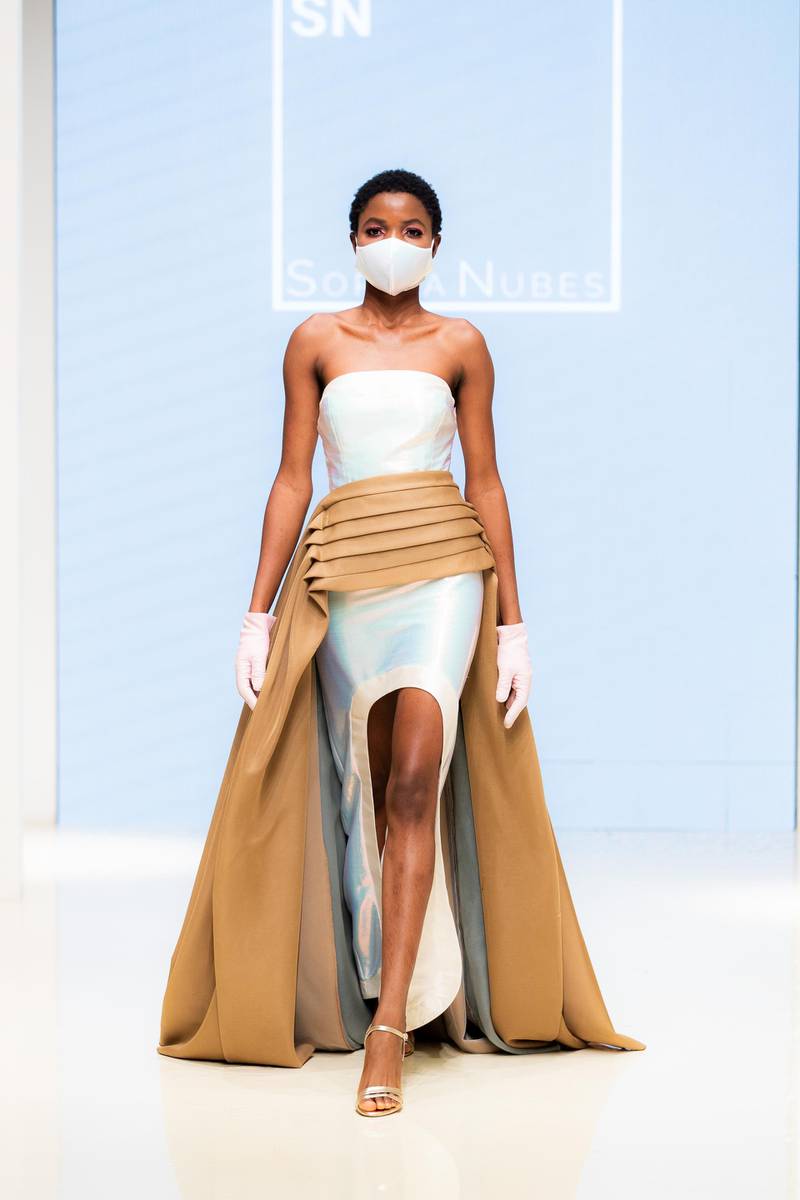An intriguing mix of evening wear and PPE at Sophia Nubes, at Arab Fashion Week. Courtesy AFW