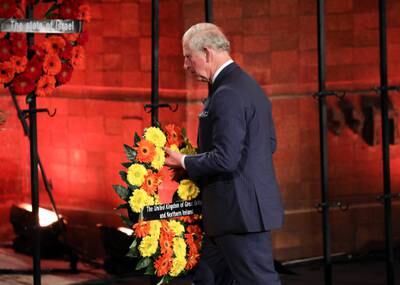 Prince Charles lays a wreath during the Fifth World Holocaust Forum in Jerusalem in 2020. Reuters
