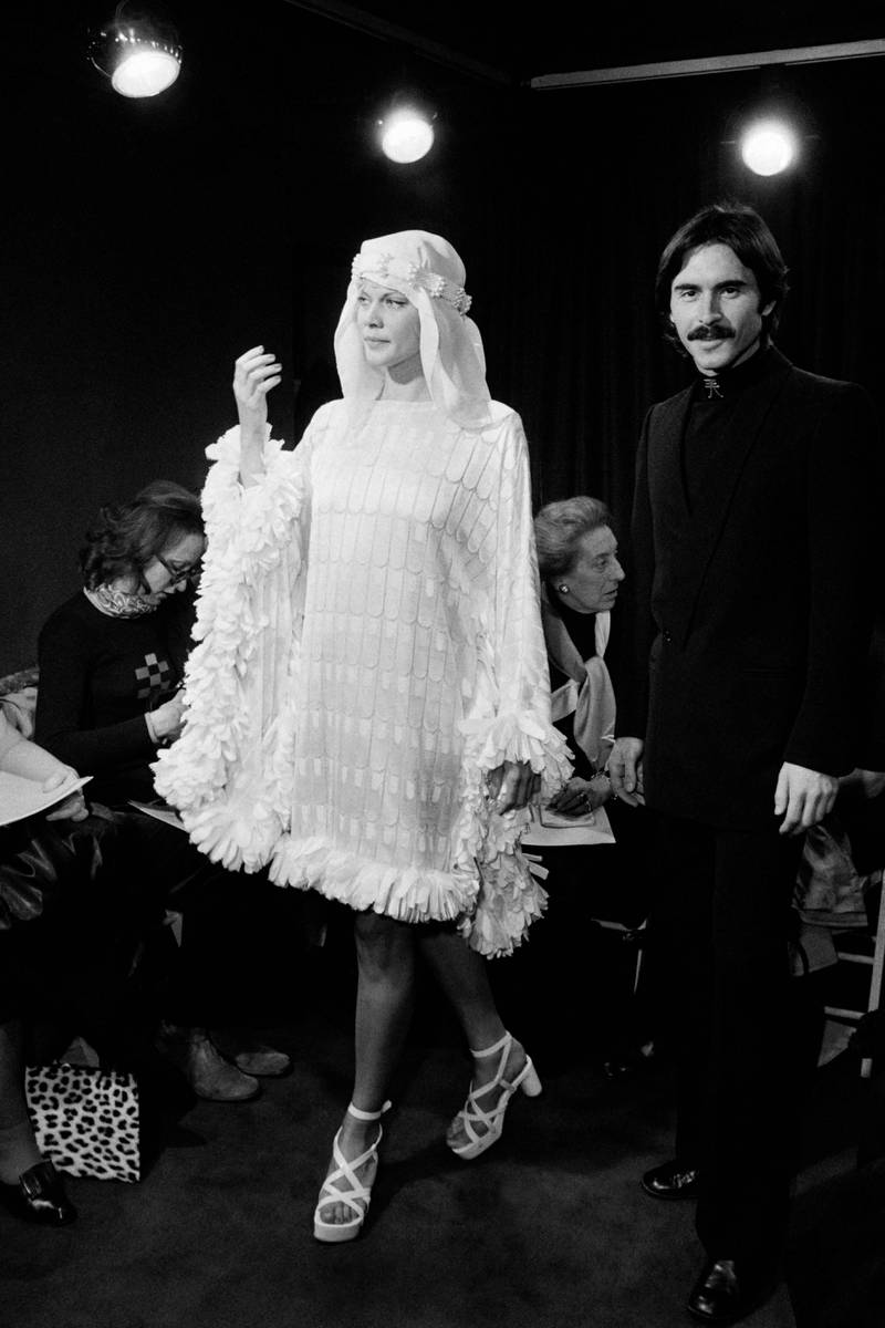 A model presenting a creation by Rabanne during his spring collection fashion show in Paris in 1972. AFP