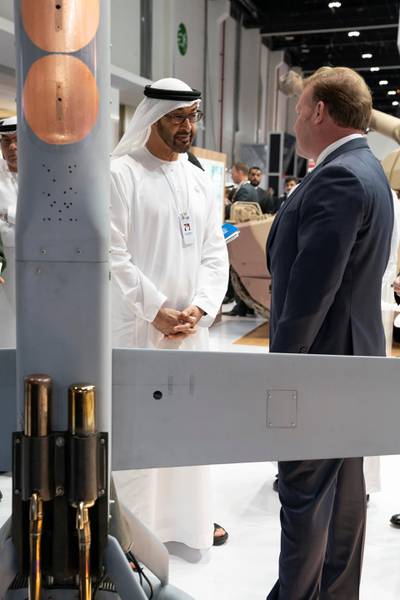 ABU DHABI, UNITED ARAB EMIRATES - February 21, 2019: HH Sheikh Mohamed bin Zayed Al Nahyan, Crown Prince of Abu Dhabi and Deputy Supreme Commander of the UAE Armed Forces (L), tours the 2019 International Defence Exhibition and Conference (IDEX), at Abu Dhabi National Exhibition Centre (ADNEC). 

( Ryan Carter for the Ministry of Presidential Affairs )
---