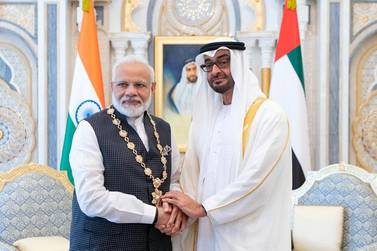 Sheikh Mohamed bin Zayed, Crown Prince of Abu Dhabi and Deputy Supreme Commander of the Armed Forces with Narendra Modi, Prime Minister of India, during a reception at Qasr Al Watan in Abu Dhabi last year. Courtsey: Ministry of Presidential Affairs