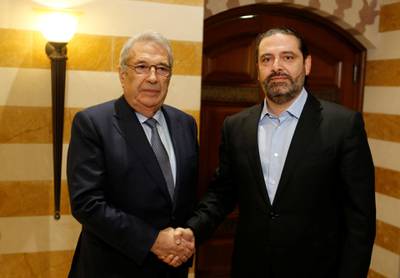 Samir Khatib, who withdrew his candidacy to lead a government, meets Lebanon's catetaker Prime Minister Saad Al Hariri in Beirut. REUTERS