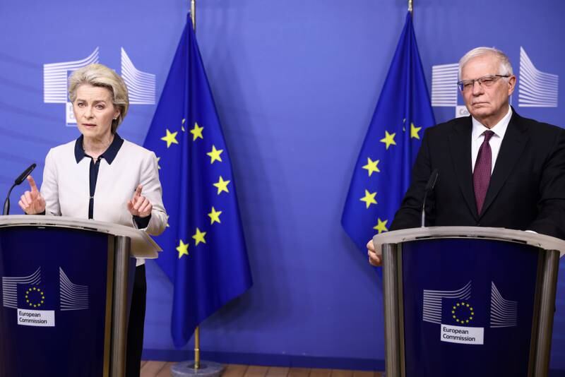 European Commission President Ursula von der Leyen and foreign policy chief Josep Borrell give a joint statement in Brussels, updating the press about the situation in Ukraine. EPA