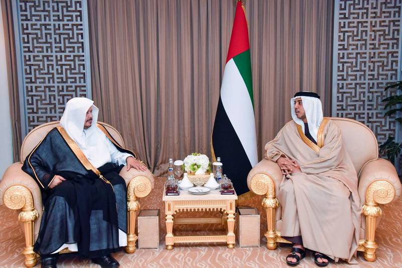Shiekh Mansour bin Zayed receives Chairman of Saudi ash-Shoura Council. Courtesy Wam