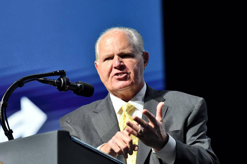 Rush Limbaugh speaks before US President Donald Trump takes the stage during the Turning Point USA Student Action Summit at the Palm Beach County Convention Center in West Palm Beach, Florida on December 21, 2019. (Photo by Nicholas Kamm / AFP)
