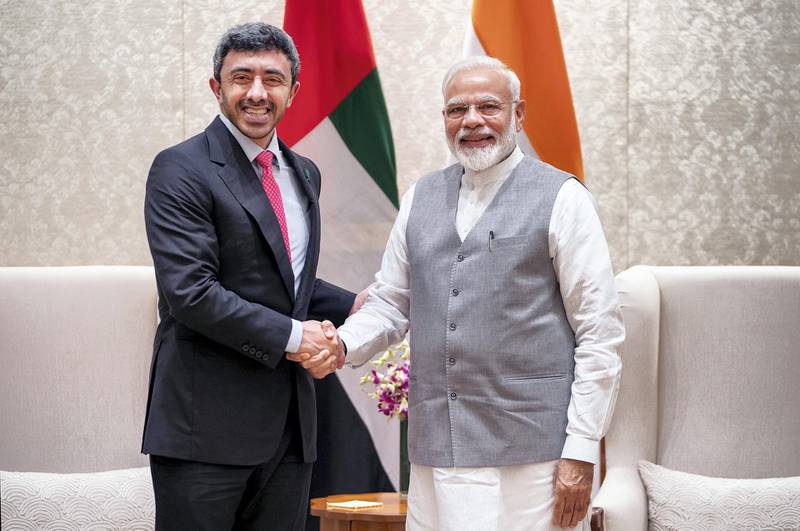 India's Prime Minister Narendra Modi, greets UAE Foreign minister, Sheikh Abdullah bin Zayed Al Nahyan.