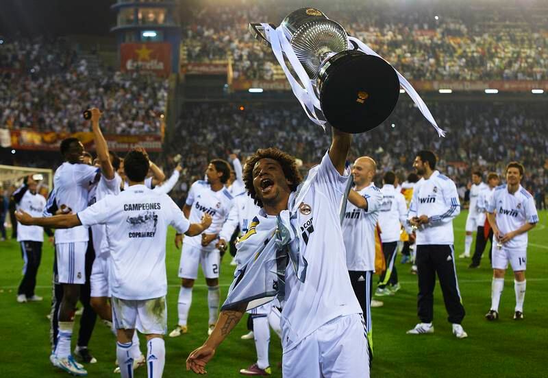 Marcelo of Real Madrid celebrates after the Copa del Rey victory over Barcelona in 2011. Getty
