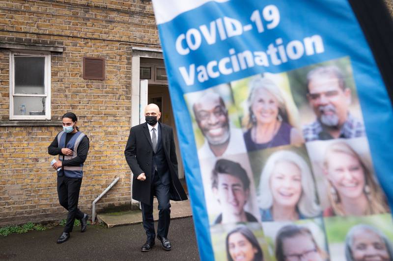 Health Secretary Sajid Javid visits the Montgomery Hall vaccination centre in Kennington, south London. PA