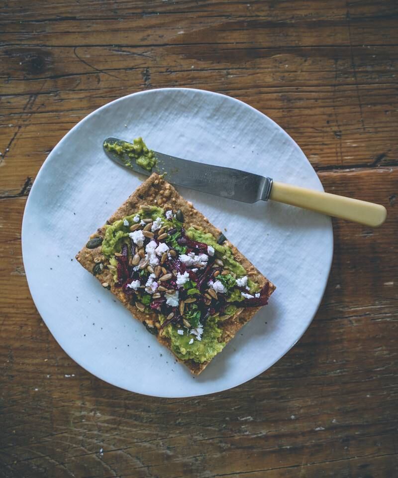 Sunflower seed crackers with avocado, beetroot and feta. Photo: Scott Price