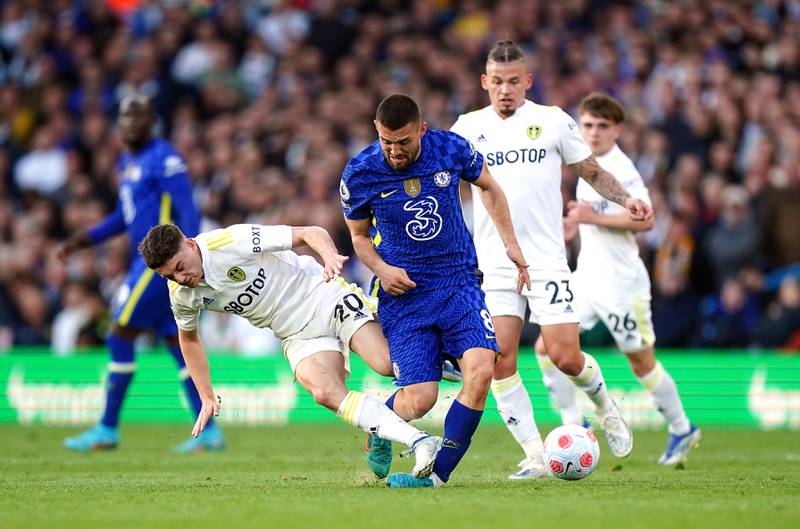 Leeds United's Daniel James tackles Chelsea's Mateo Kovacic and is then sent off. PA