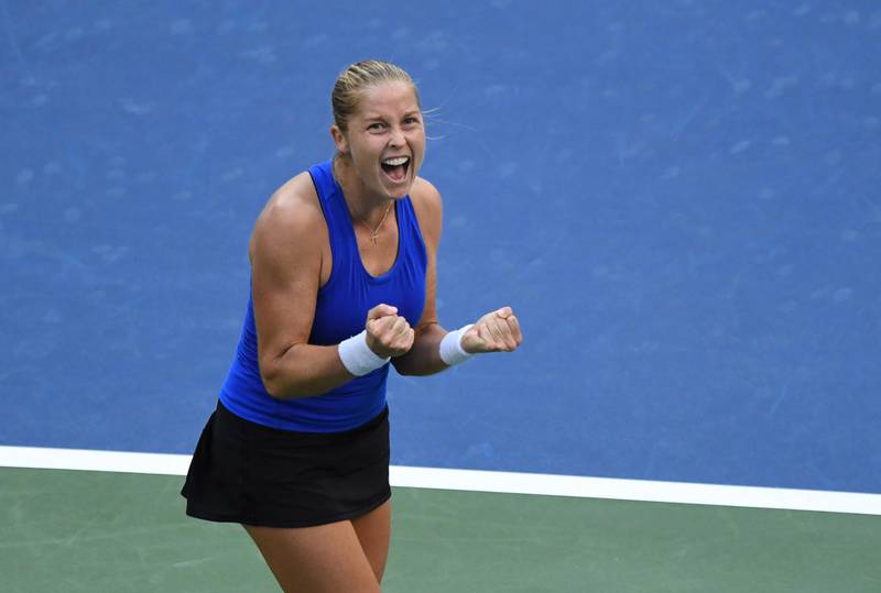 Shelby Rogers celebrates after beating Petra Kvitova in the US Open fourth round. Reuters