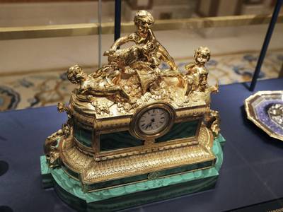 Abu Dhabi, United Arab Emirates - March 11, 2019: A Hermle Clock from Kazakhstan in the Presidential gifts room. Exclusive preview and guided tour of Qasr Al Watan, the UAEÕs new cultural landmark. Monday the 11th of March 2019 at Qasr Al Watan, Abu Dhabi. Chris Whiteoak / The National