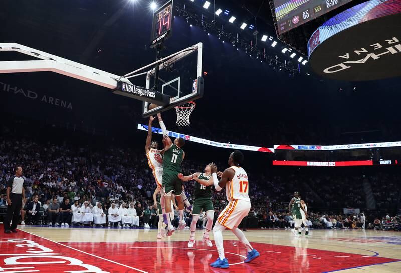 De'Andre Hunter of Atlanta Hawks goes for the basket during the game against Milwaukee Bucks at the Etihad Arena, Abu Dhabi, on Thursday. All pictures Chris Whiteoak / The National