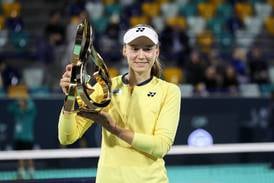 Elena Rybakina with her trophy after the women’s final of Mubadala Abu Dhabi open held at Zayed Sports City in Abu Dhabi. Pawan Singh / The National