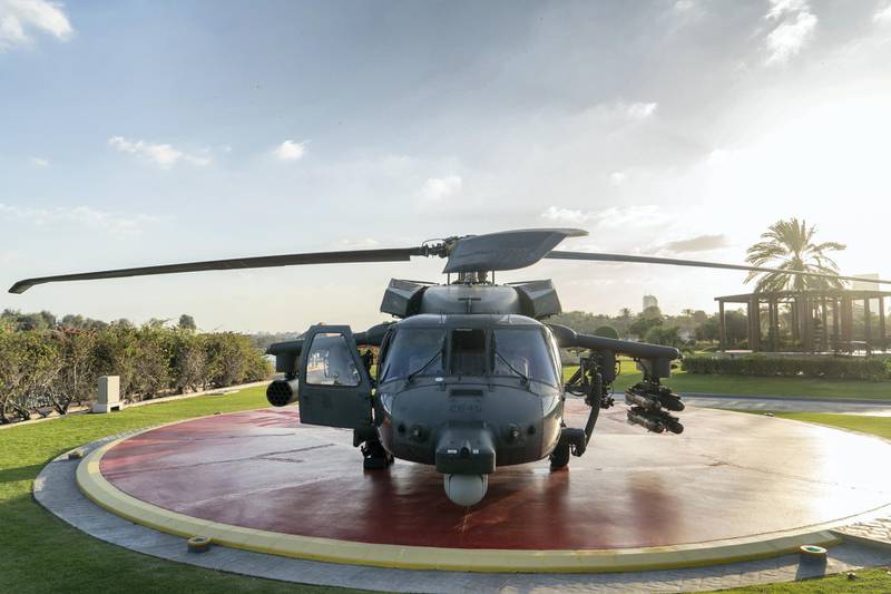 ABU DHABI, UNITED ARAB EMIRATES - January 21, 2019: A general view of a new weapon system developed by the UAE for Black Hawk helicopter, at the Sea Palace. 
( Rashed Al Mansoori / Ministry of Presidential Affairs )
---