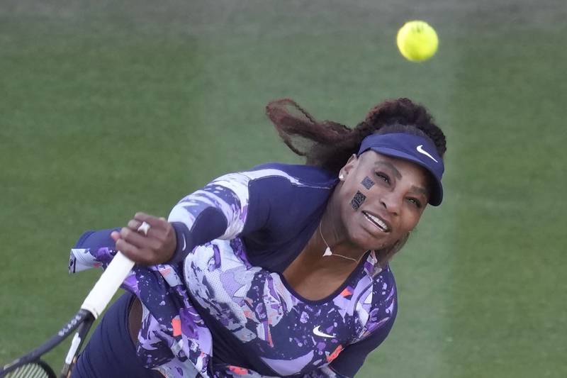 Serena Williams serves in Eastbourne. AP