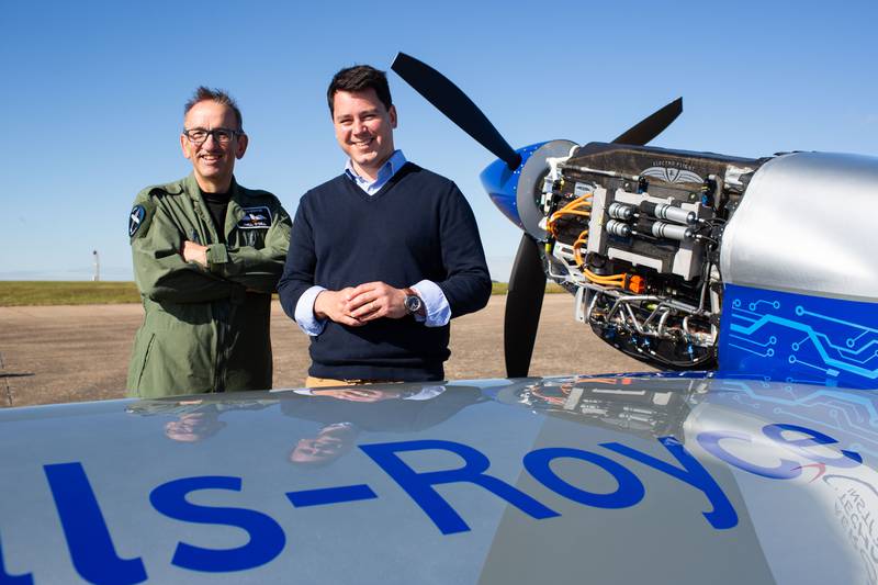 Phill O’Dell, chief test pilot (L) and Matheu Parr, Rolls-Royce’s project leader for Accelerating the Electrification of Flight, pose with the 'Spirit of Innovation'.