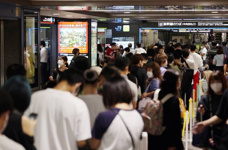 A crowded Hakata station in Fukuoka, Kyushu, after the typhoon caused the suspension of train services. EPA