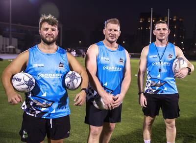 Dubai Sharks forwards coach Josh Ives, left, director of rugby Dylan Hartley, centre, and head coach Matthew Pewtner at Dubai Sports City. Victor Besa / The National