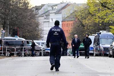 Police on Thursday cordoned off the Beth Zion synagogue in Berlin where a commemoration service was taking place. Reuters