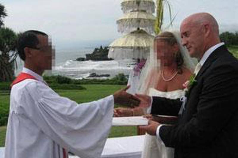 Ian Bruce Simm on his wedding day in Bali in 2006. He is accused of swindling several people.