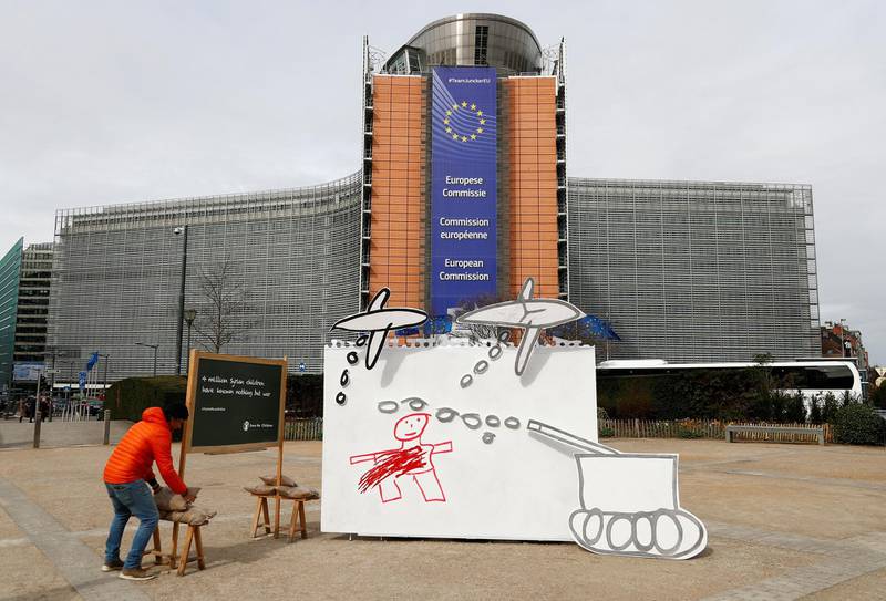A 3D drawing by a Syrian girl, showing scenes of conflict, is pictured ahead of an international peace and donor conference for Syria, outside European Union institutions in Brussels, Belgium March 12, 2019.  REUTERS/Francois Lenoir
