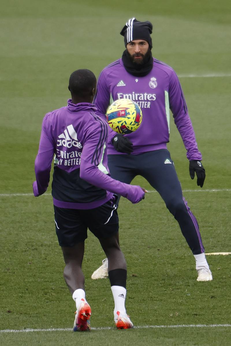 Karim Benzema and Ferland Mendy during training in Madrid. EPA