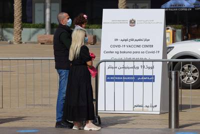 People in Dubai queue for a vaccine on January 24, 2021. AFP
