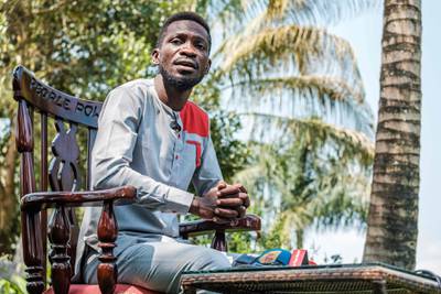 Bobi Wine addresses the media at his home in Wakiso, Uganda, on January 8, 2021 to announce his plans to take President Yoweri Museveni to the International Court Commission, accusing him of crimes against humanity over the past few months. AFP