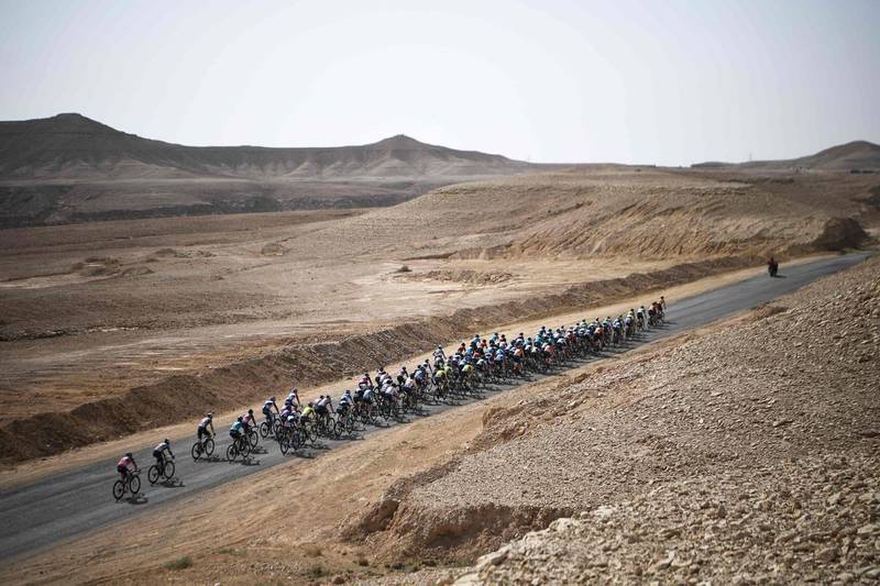 The peloton during Stage 4 of the Saudi Tour from Wadi Namar Park to Al Muzahimiyah King Saud University near Riyadh, on Friday, February 7. AFP