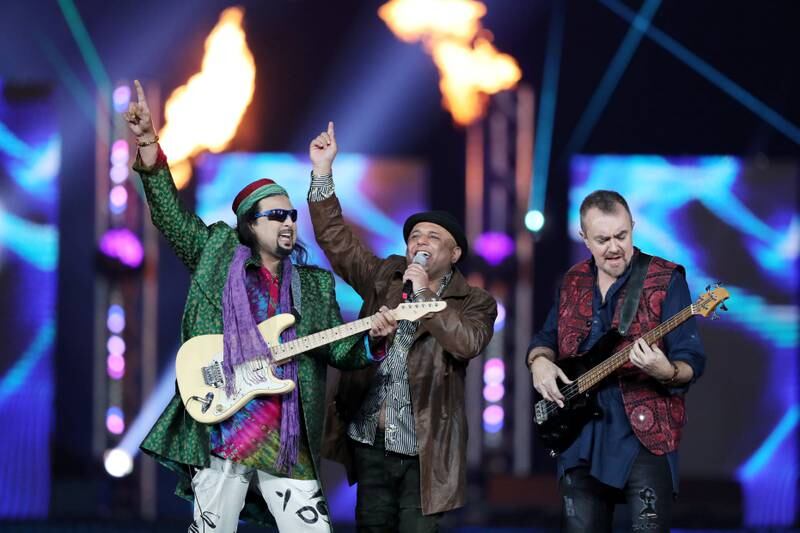 Dubai, United Arab Emirates - February 14, 2019: Junoon perform in the opening ceremony of the 2019 Pakistan Super League. Thursday the 14th of February 2019 at The International Cricket Stadium, Dubai. Chris Whiteoak / The National