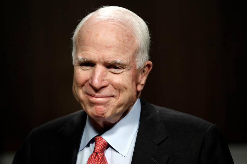 FILE - In this July 11, 2017, file photo, Sen. John McCain, R-Ariz., arrives on Capitol Hill in Washington. McCain has been diagnosed with a brain tumor after a blood clot was removed. (AP Photo/Jacquelyn Martin, File)
