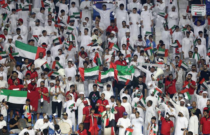 Dubai, United Arab Emirates - October 10, 2019: UAE fans before the Qatar 2022 world cup qualifier between The UAE and Indonesia. Thursday 10th of October. Al Maktoum Stadium, Dubai. Chris Whiteoak / The National